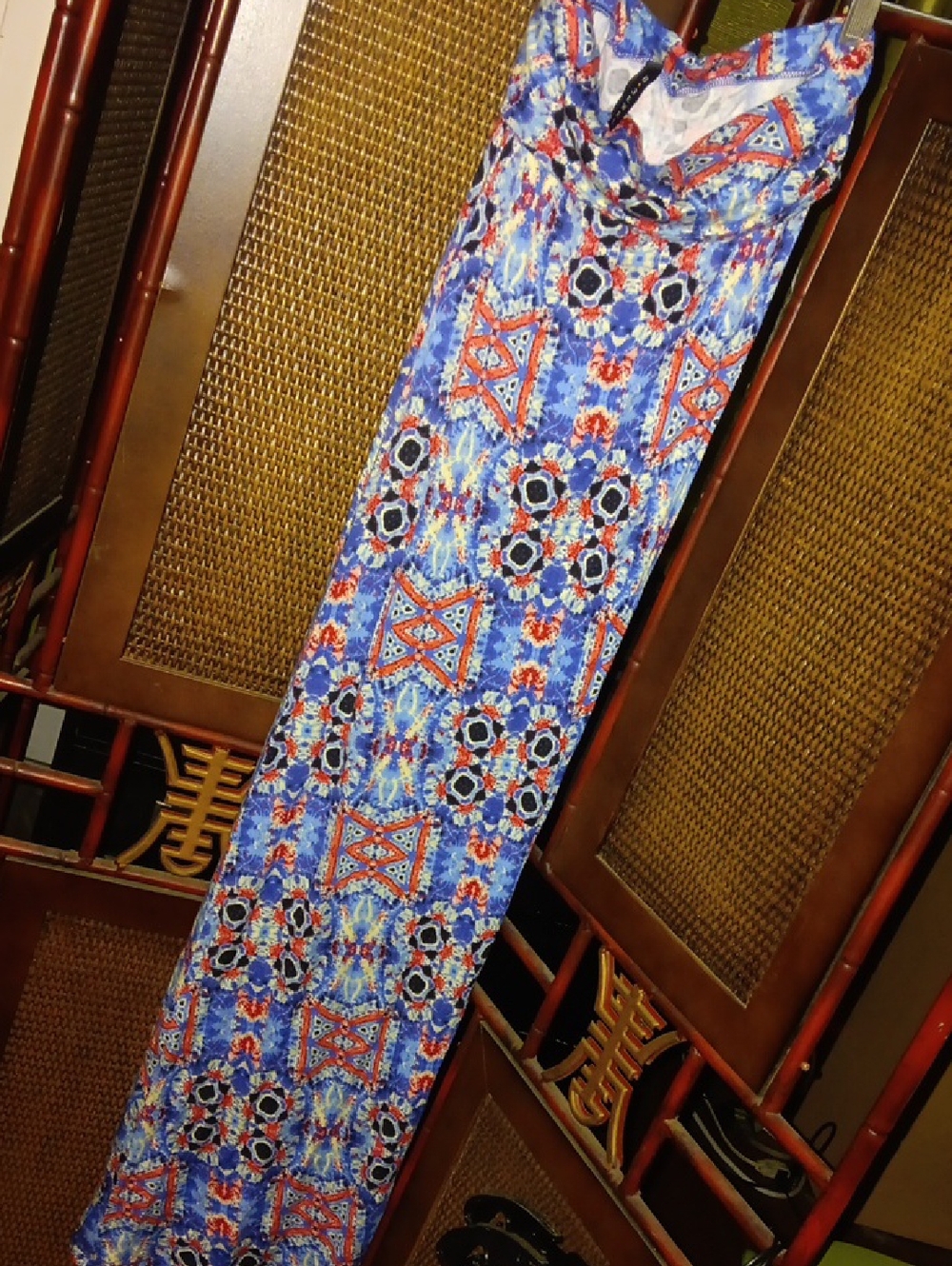 B Jewel Blue Multi-Pattern Maxi Skirt with Red and Black Accents
